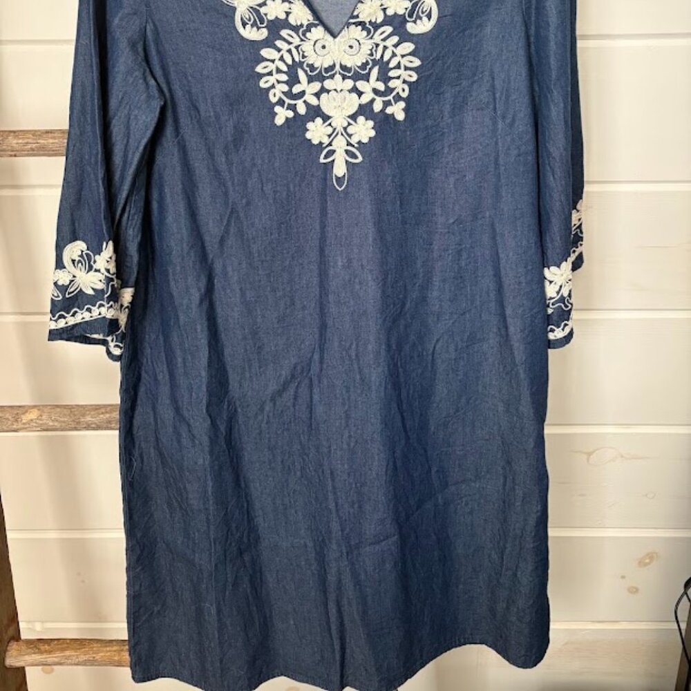 ECI New York Denim Blue Jean Dress Size 8 With White Lace - Picture 2 of 6